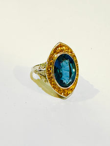 Blue Topaz, Yellow Sapphire and Diamond 9ct Yellow Gold Ring