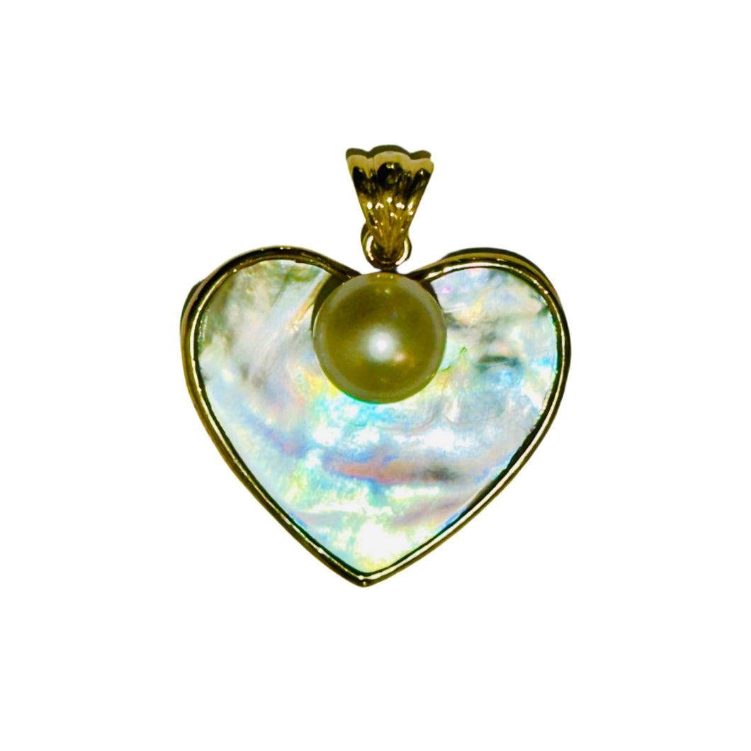 Freshwater Pearl and Mother of Pearl 9ct Yellow Gold Heart Pendant