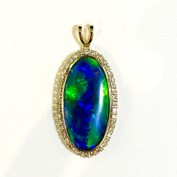 18ct Yellow Gold Solid Black Opal and Diamond Pendant