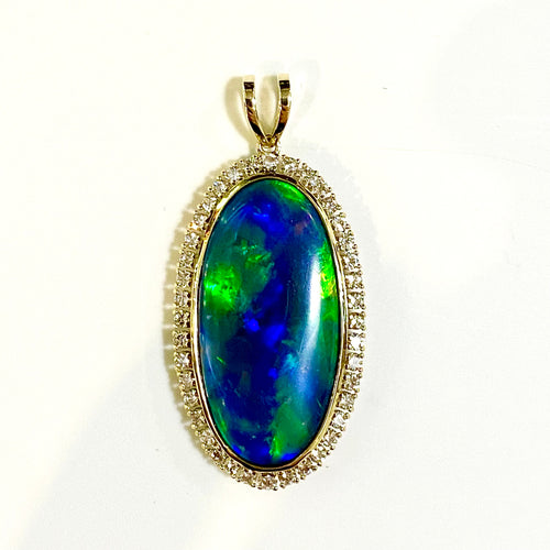 18ct Yellow Gold Solid Black Opal and Diamond Pendant