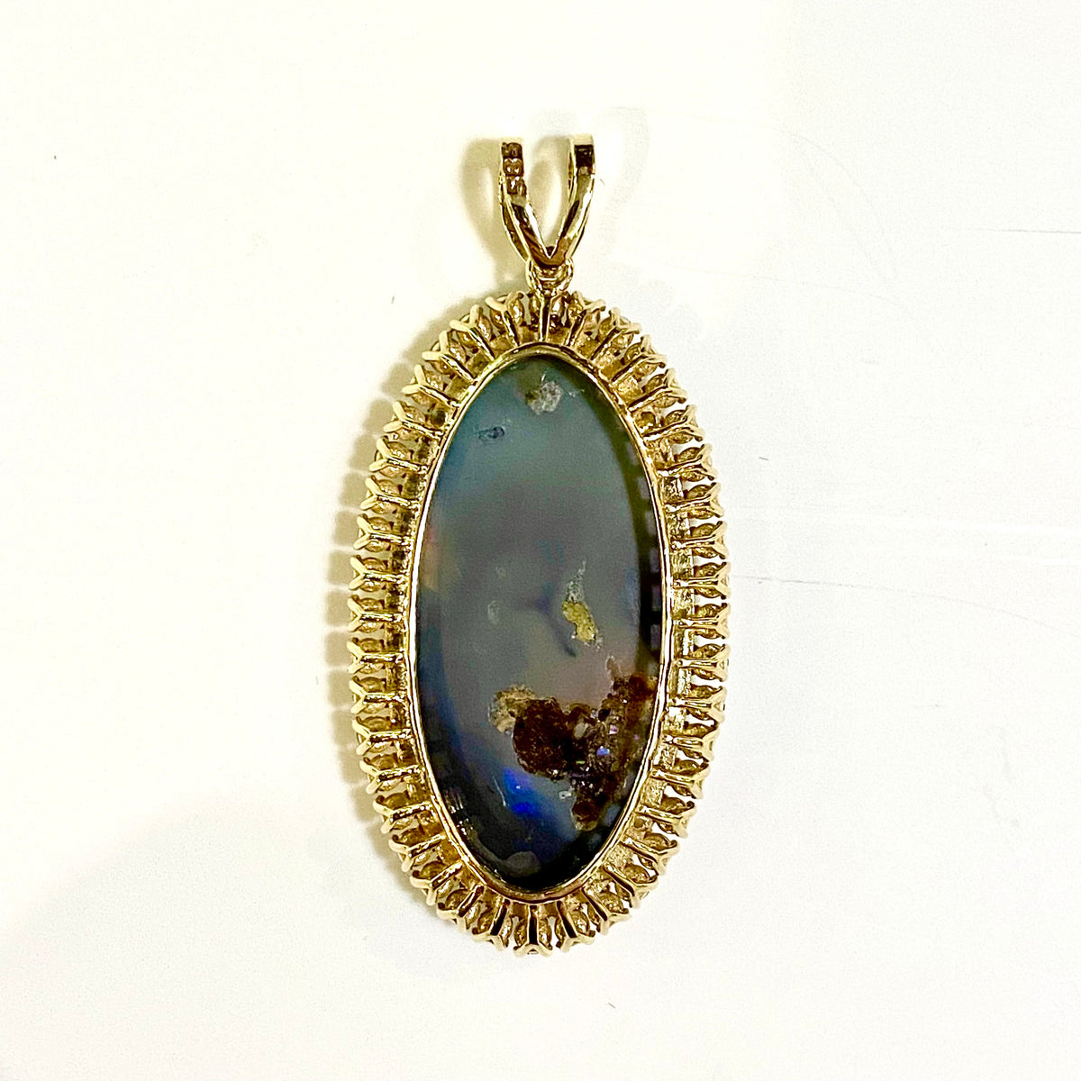 18ct Yellow Gold Solid Black Opal and Diamond Pendant