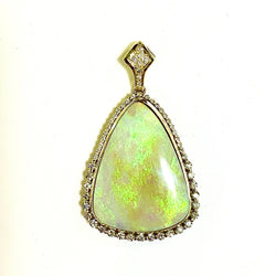 18ct Yellow Gold Solid White Opal and Diamond Pendant