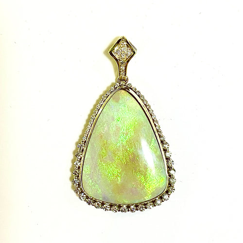 18ct Yellow Gold Solid White Opal and Diamond Pendant