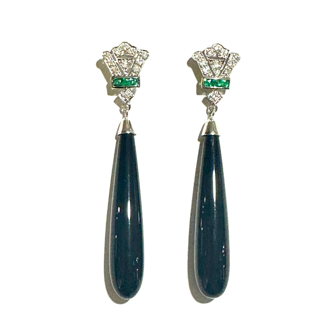 9ct White Gold Emerald, Diamond and Onyx Drop Earrings