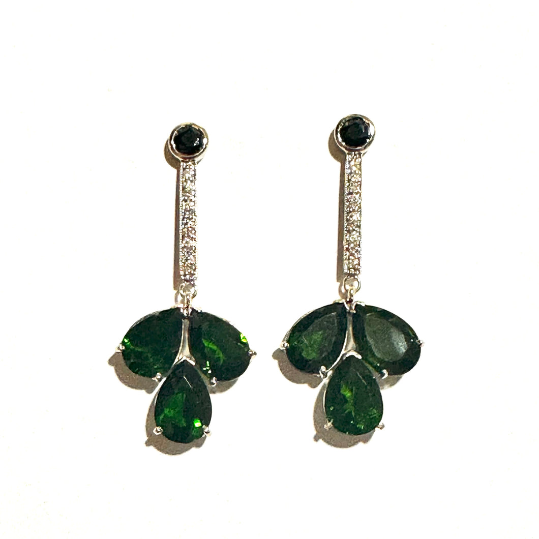 9ct White Gold Diamond and Chrome Diopside Drop Earrings