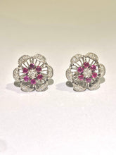 9ct white gold floral design Ruby and diamond stud earrings