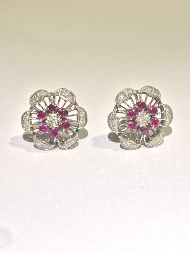 9ct white gold floral design Ruby and diamond stud earrings