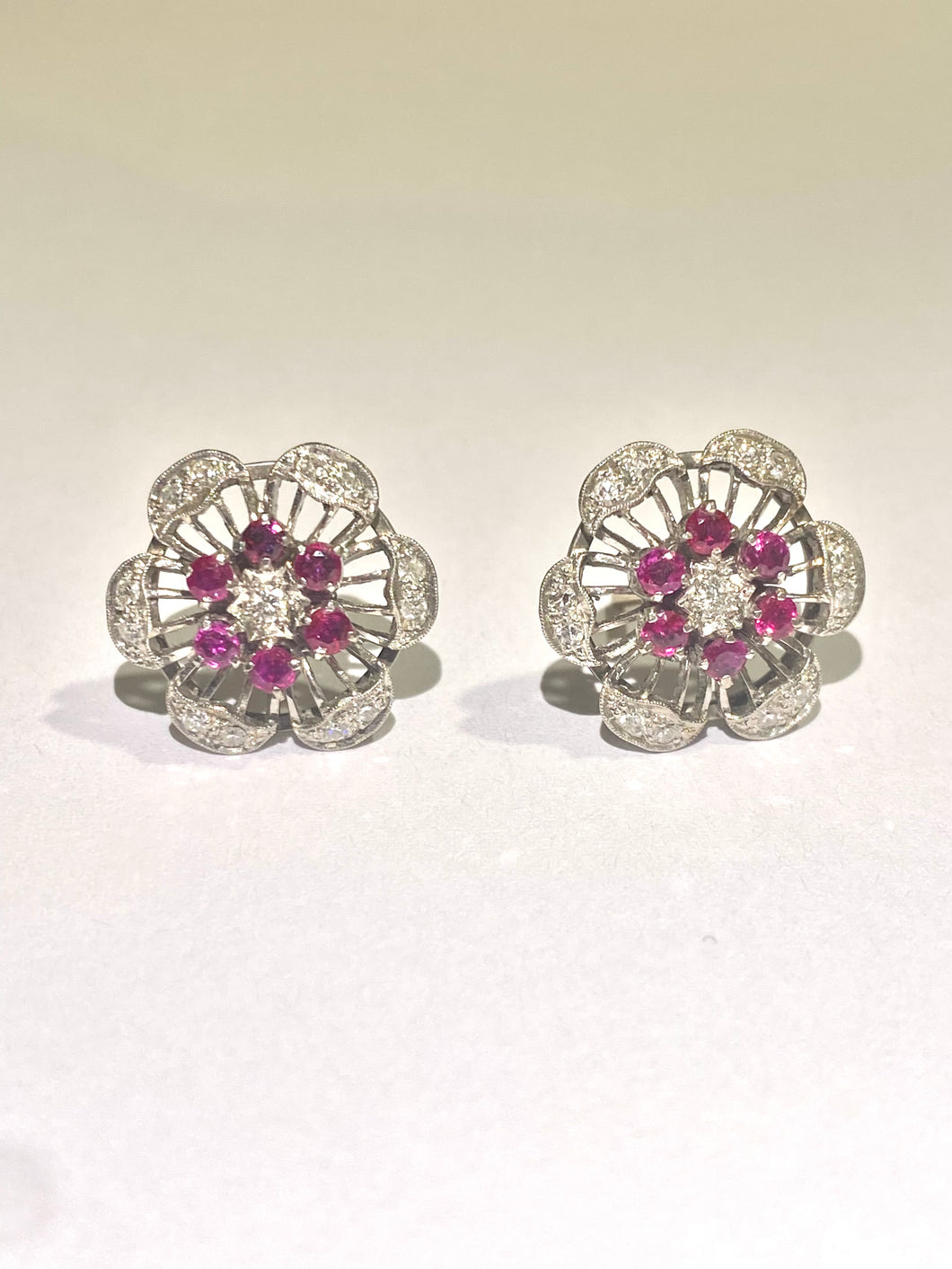 9ct white gold floral design Ruby and diamond stud earrings