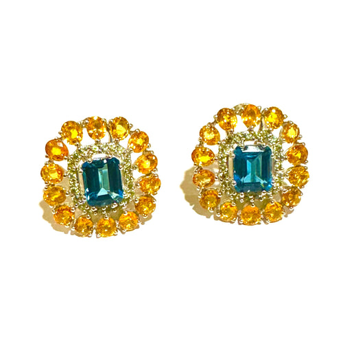 Sterling Silver Rhodium Plated London Blue Topaz, Yellow and Green Citrine Stud Earrings