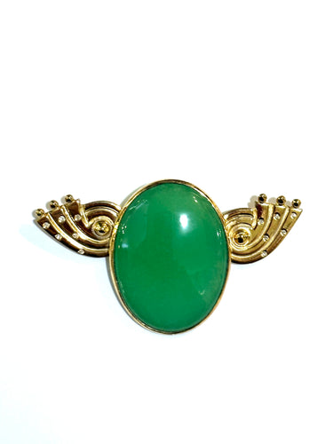 Large Green Chrysoprase & Diamond Cabochon Brooch