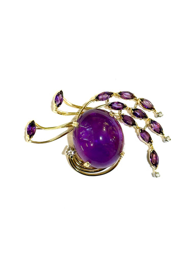 Large Amethyst Cabochon and Diamond 18ct Yellow Gold Brooch Pendant