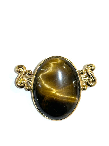 Large Oval Tigers Eye Brooch silver Gold Plate