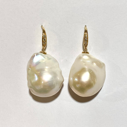 9ct Yellow Gold Diamond Set Baroque Pearl Hook Drop Earrings