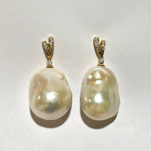9ct Yellow Gold Diamond Set Baroque Pearl Stud Drop Earrings