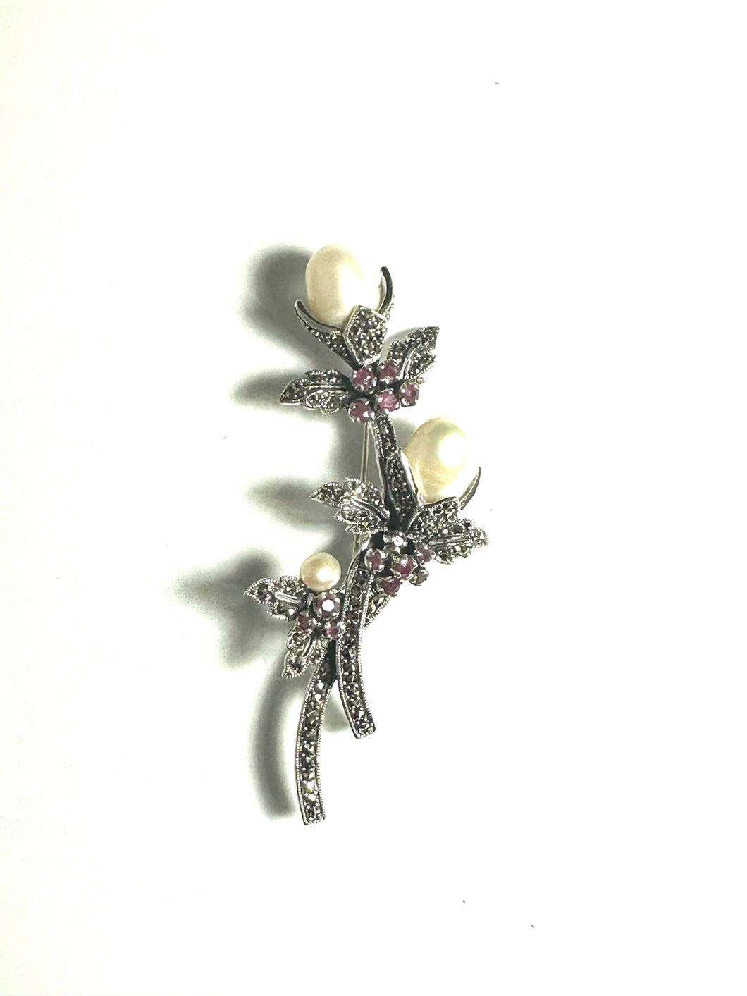 Sterling Silver, Marcasite and Pearl Flower Brooch