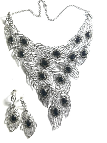 Sterling Silver, Marcasite and Onyx Necklace and Earrings Set