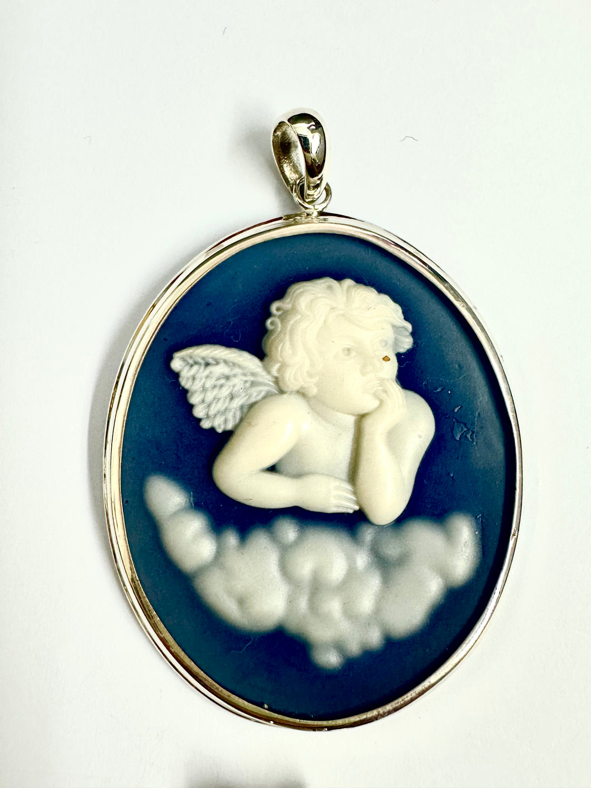 Blue and White Cameo Sterling Silver Pendant