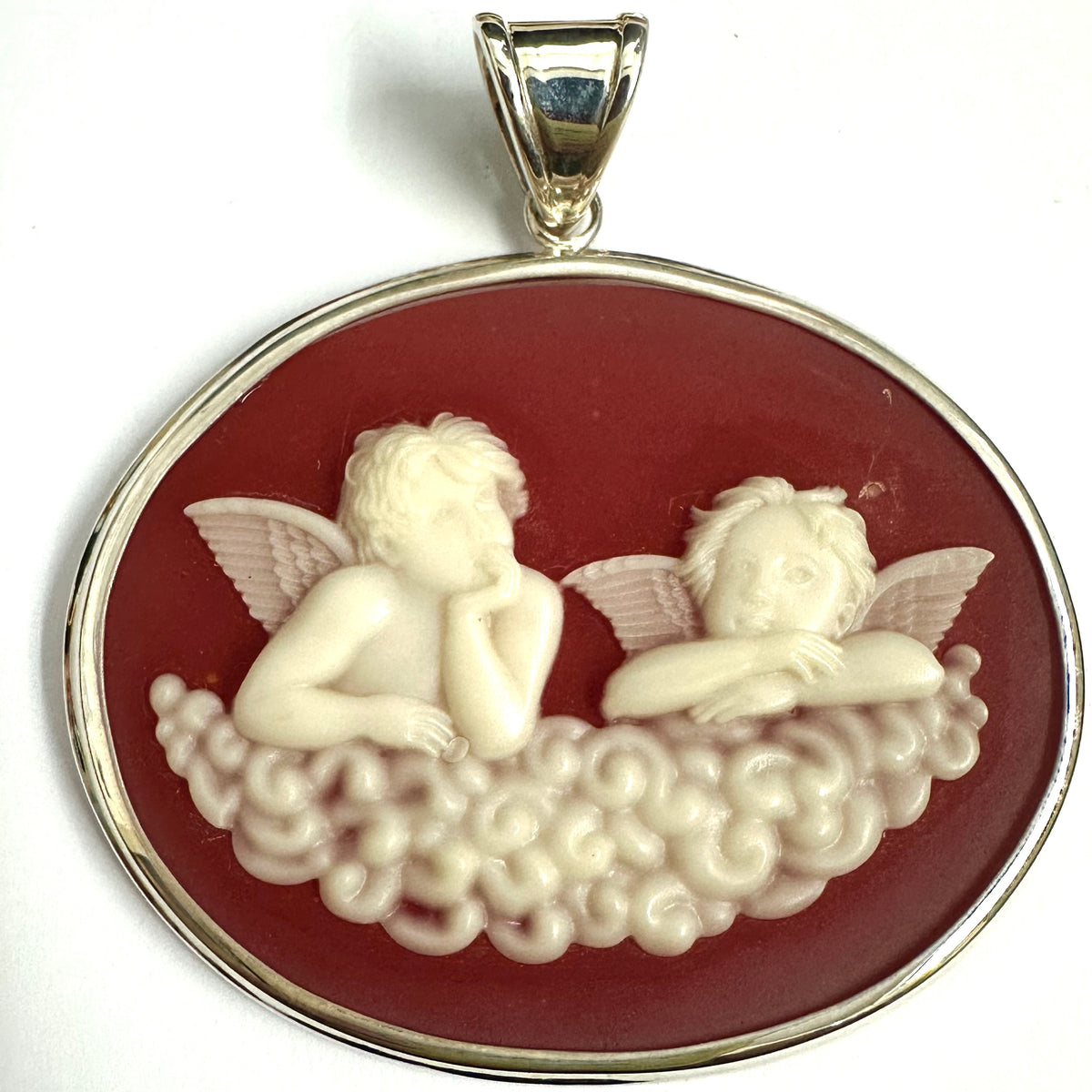 Red and White Cameo Sterling Silver Pendant