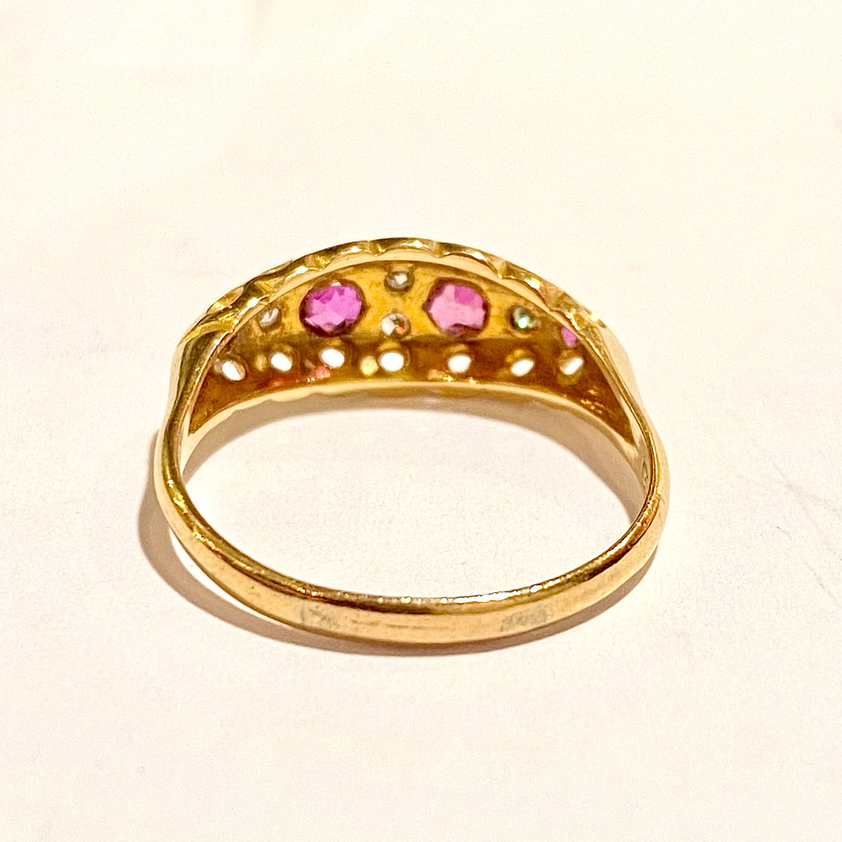 Antique 18ct Yellow Gold Pink Topaz and Diamond Band