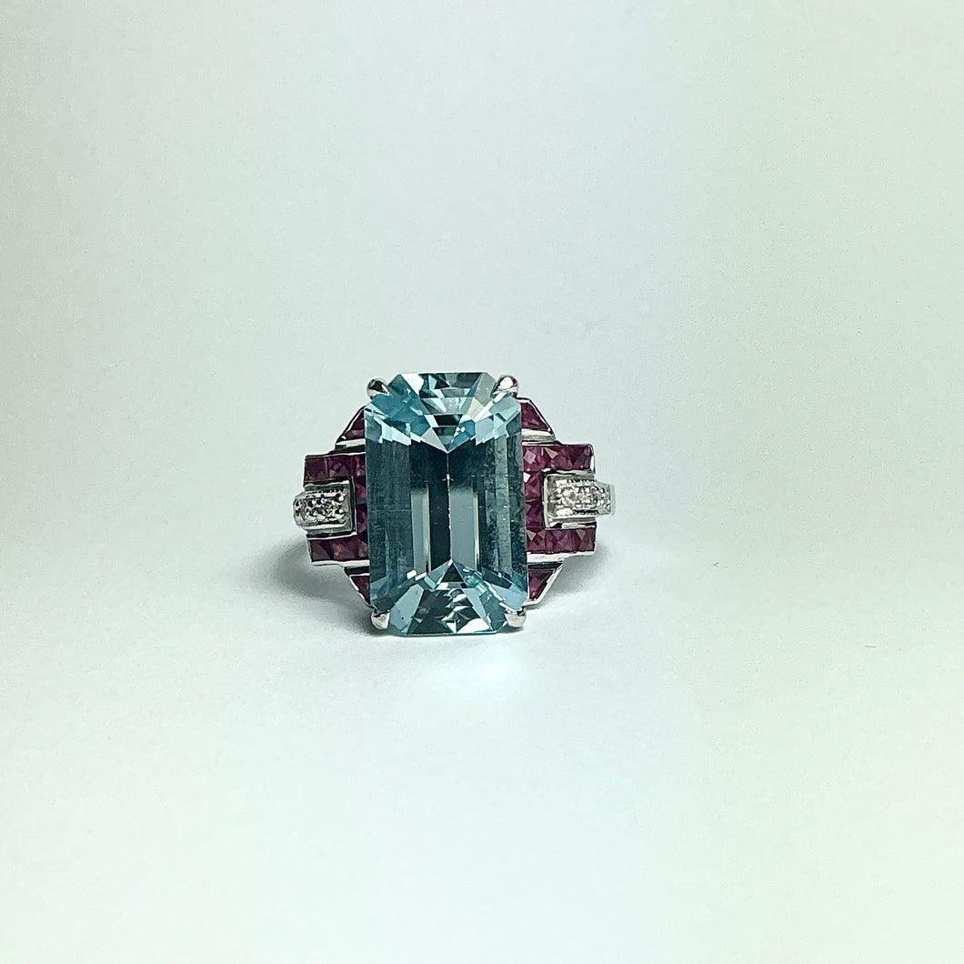 9ct White Gold Aquamarine, Ruby and Diamond Ring