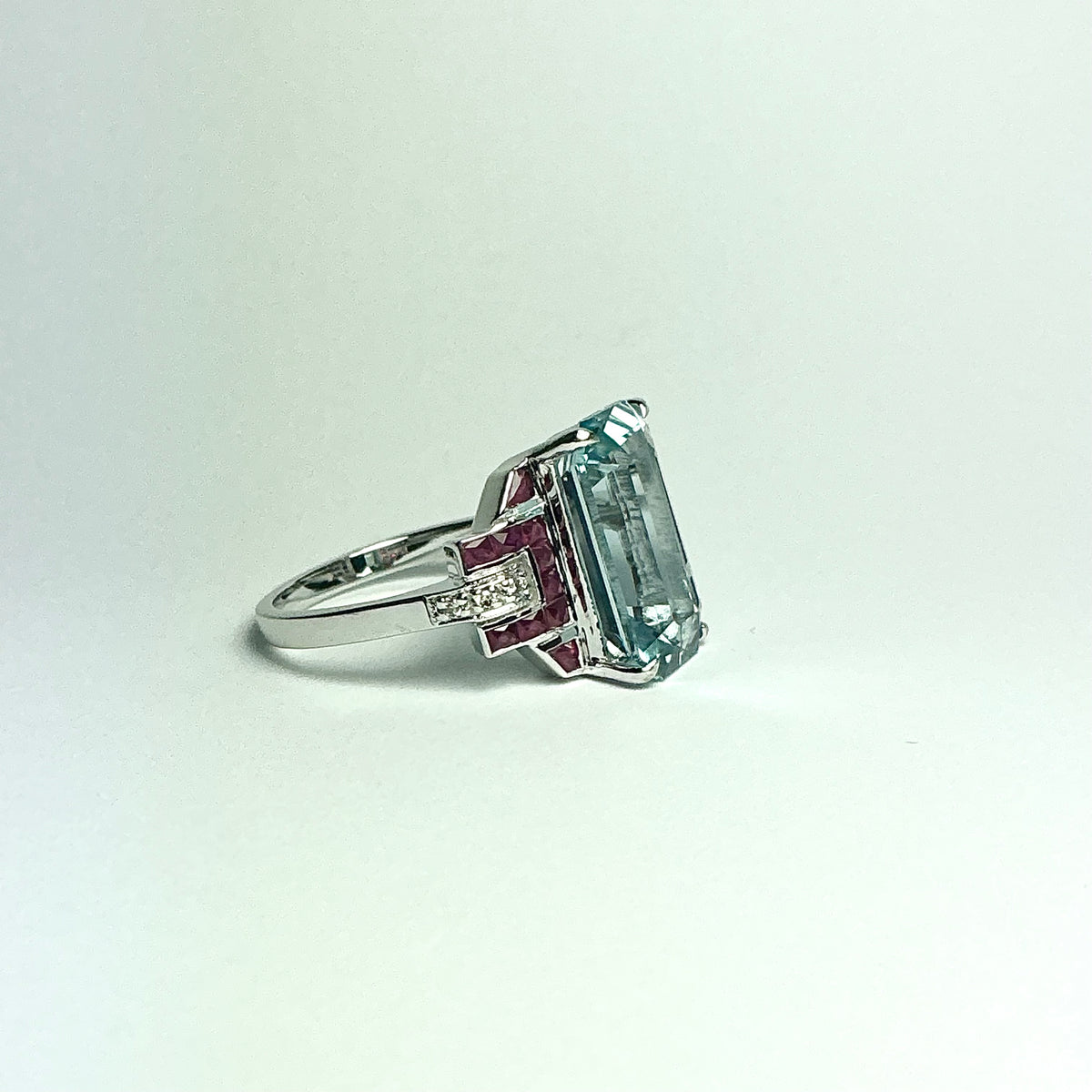 9ct White Gold Aquamarine, Ruby and Diamond Ring