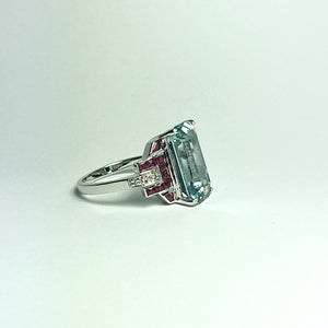 9ct White Gold Aquamarine, Ruby and Diamond Ring