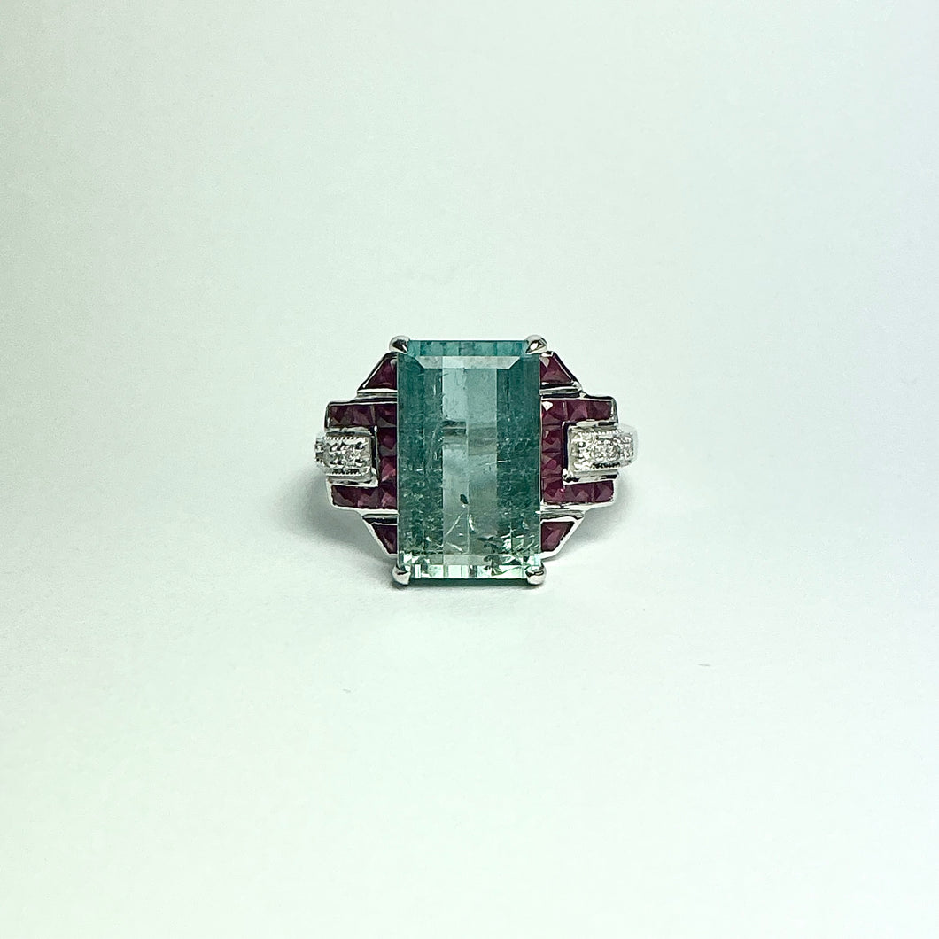 9ct White Gold Blue Tourmaline, Ruby and Diamond Ring