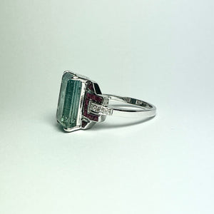 9ct White Gold Blue Tourmaline, Ruby and Diamond Ring