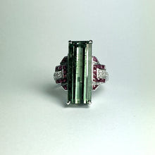 9ct White Gold Green Tourmaline, Ruby and Diamond Ring