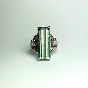 9ct White Gold Green Tourmaline, Ruby and Diamond Ring