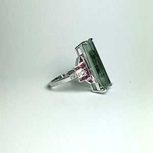 9ct White Gold Green Tourmaline, Ruby and Diamond Ring