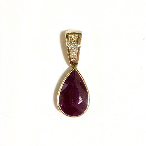 9ct Yellow Gold Ruby and Diamond Teardrop Pendant