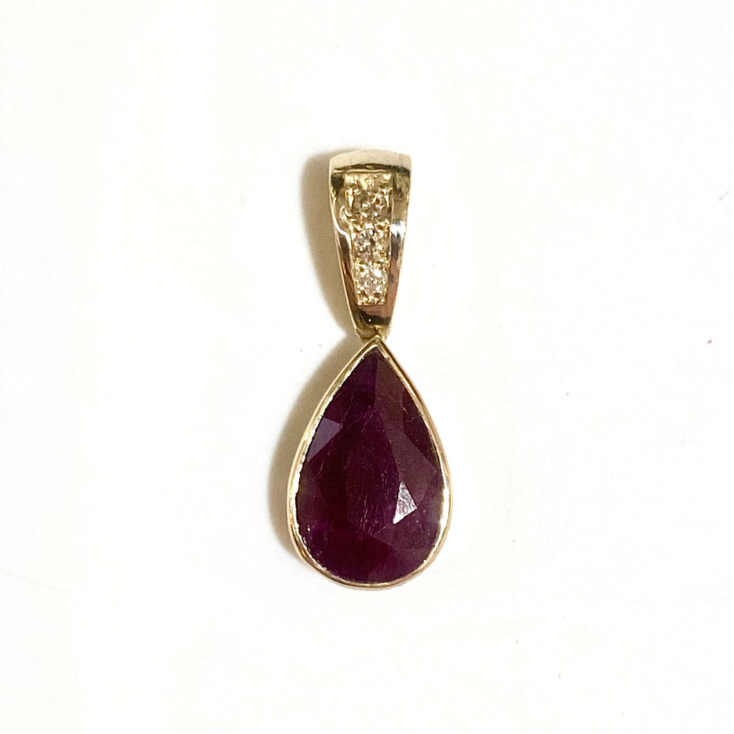 9ct Yellow Gold Ruby and Diamond Teardrop Pendant