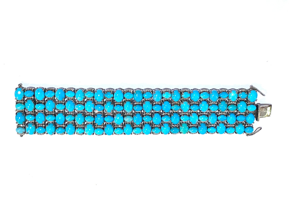 Diamond Set Sterling Silver Rhodium Plated Turquoise Cuff