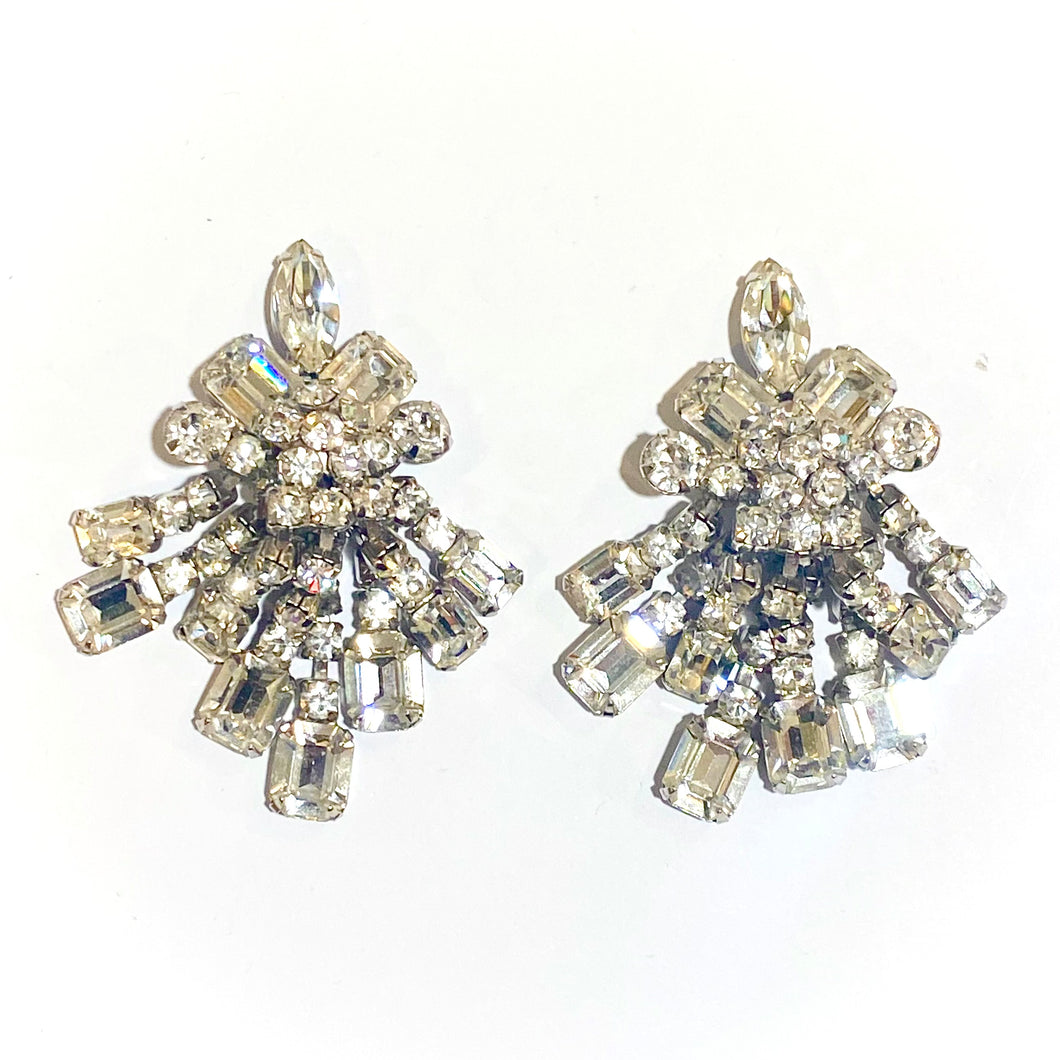 Vintage Foil Backed Crystal Dangle Clip On Earrings