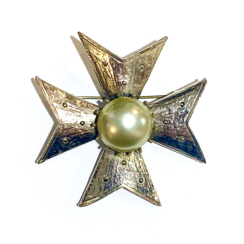 Vintage Maltese Cross Faux Pearl Brooch