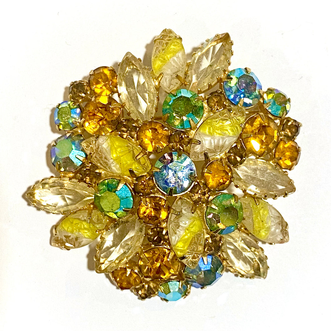 Vintage Uranium Glass and Crystal Brooch