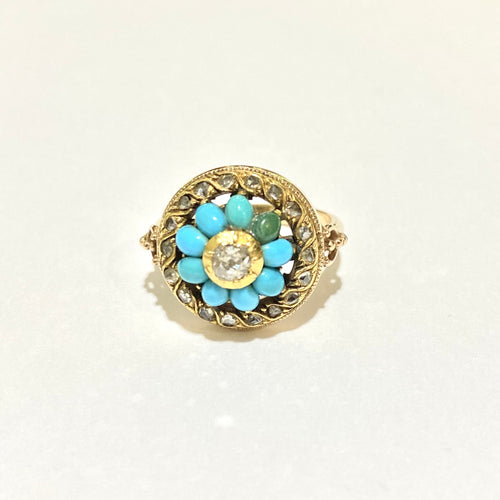 Antique 9ct Rose Gold, Yellow Diamond and Turquoise Dress Ring