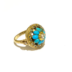 Antique 9ct Rose Gold, Yellow Diamond and Turquoise Dress Ring