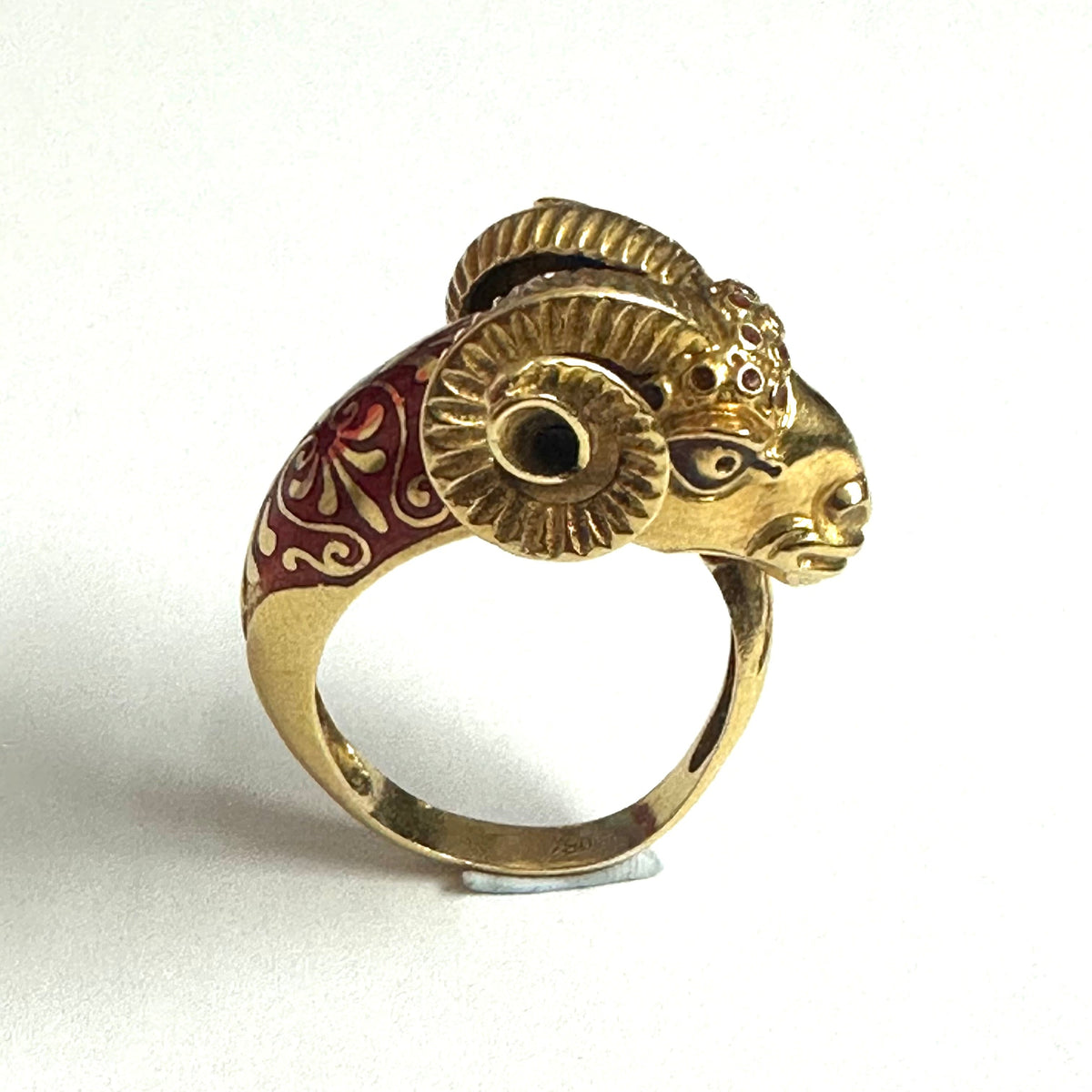 18ct Yellow Gold Enamel and Ruby Set Italian Goat Ring