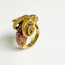 18ct Yellow Gold Enamel and Ruby Set Italian Goat Ring