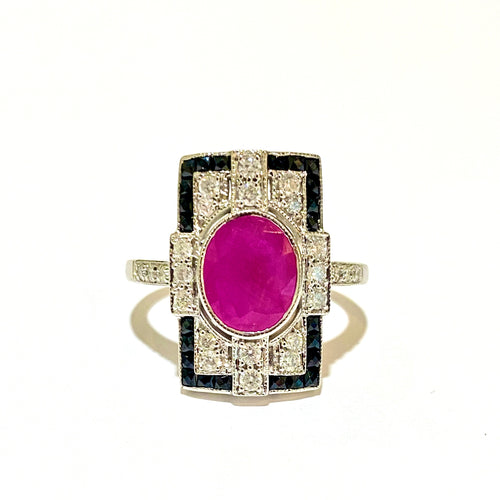 9ct White Gold Ruby, Diamond and Black Onyx Ring