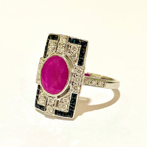 9ct White Gold Ruby, Diamond and Black Onyx Ring