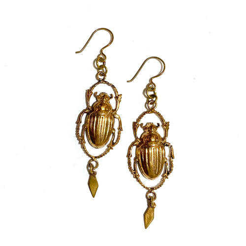 Brass Scarab Hook Drop Earrings