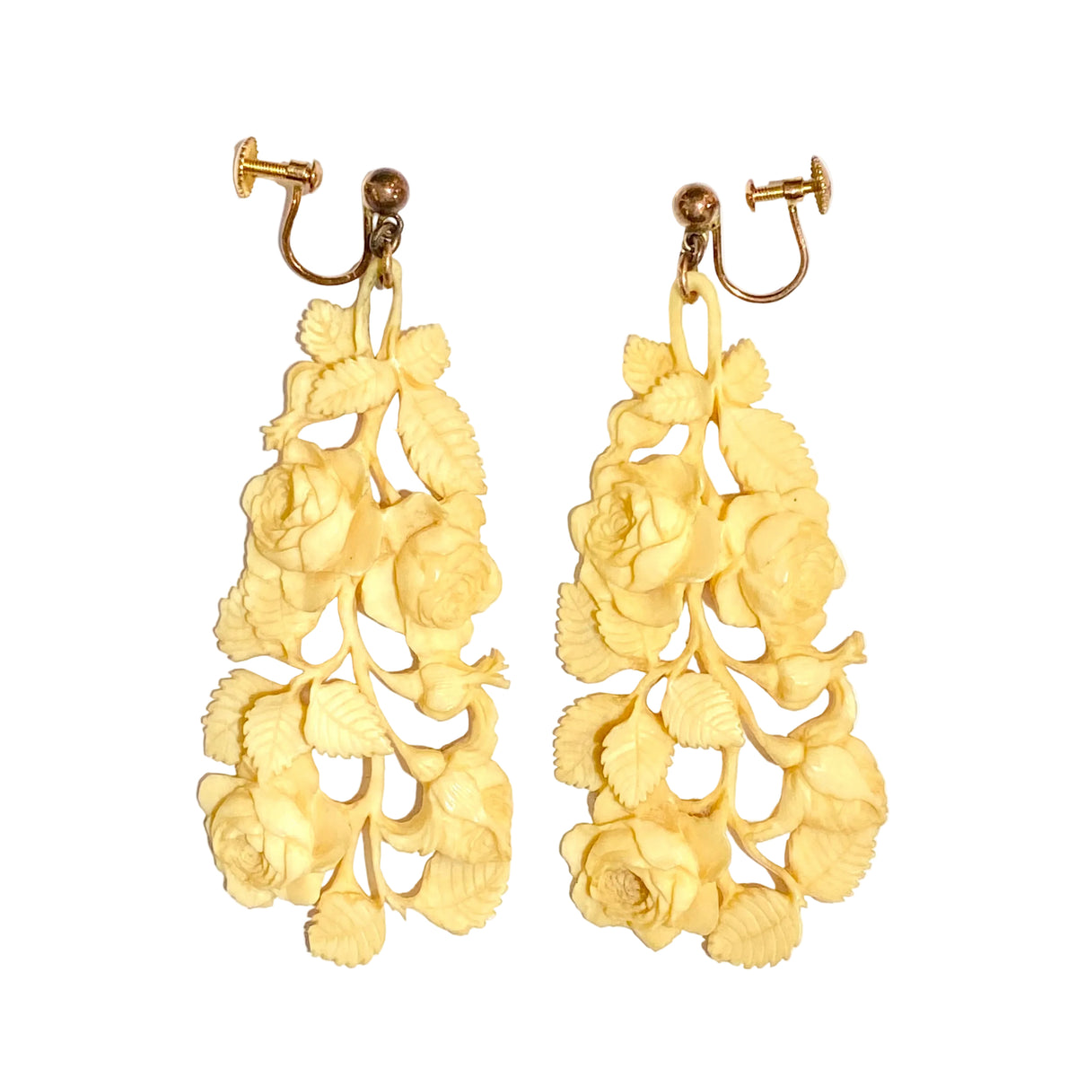 9ct Yellow Gold Carved Ivory Screw On Earrings