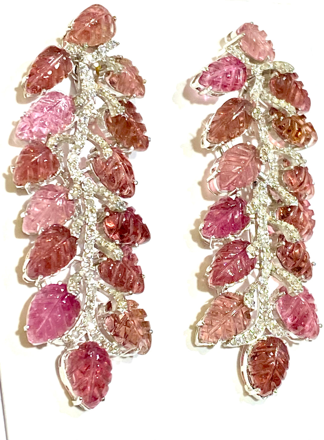 Carved Pink Tourmaline with Diamonds in Sterling Silver Runway Stud Earrings