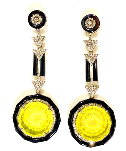 Green Citrine with Onyx and Diamonds in Sterling Silver Stud Earrings