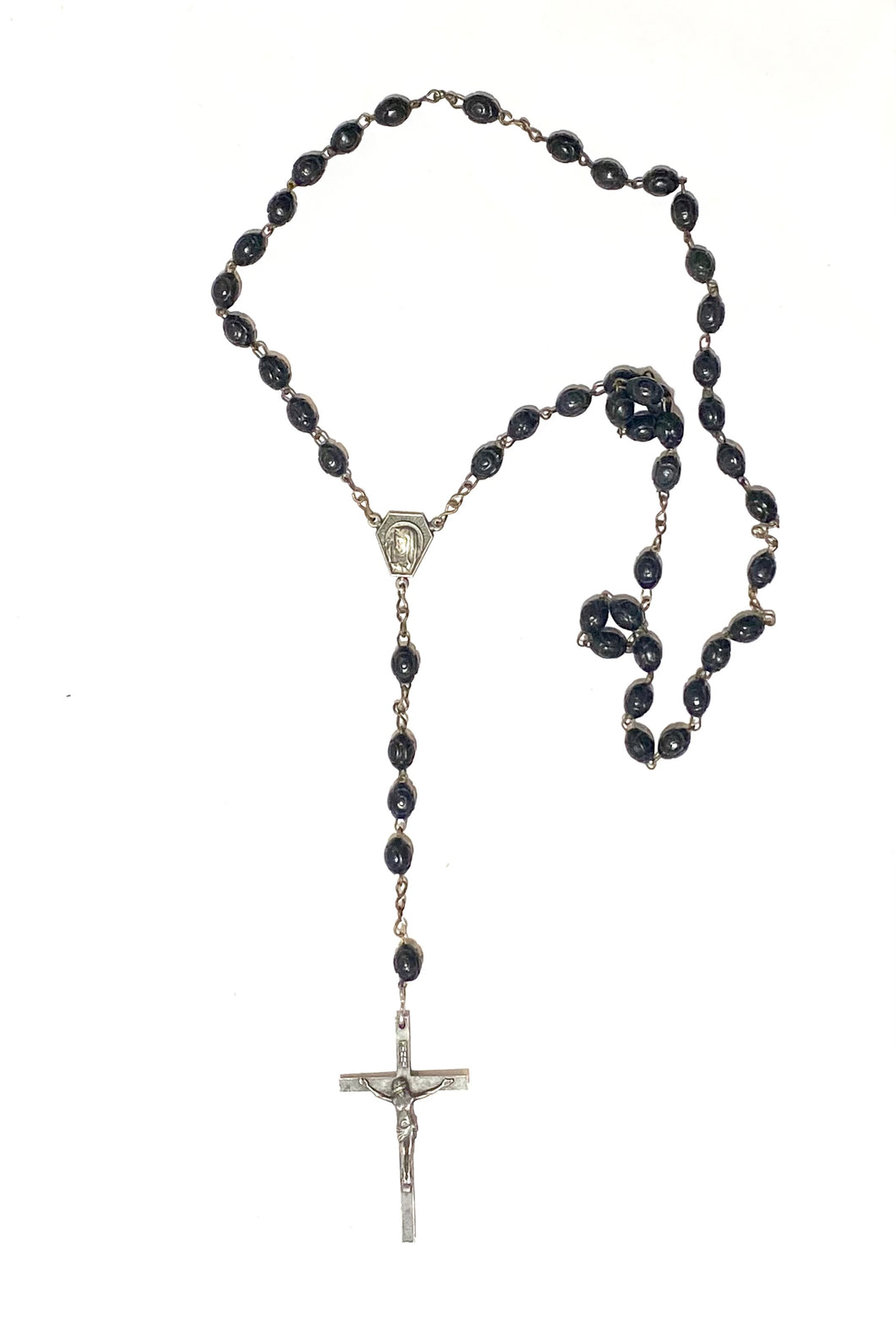 Antique Sterling Silver Carved Ebony Rosary Beaded Necklace