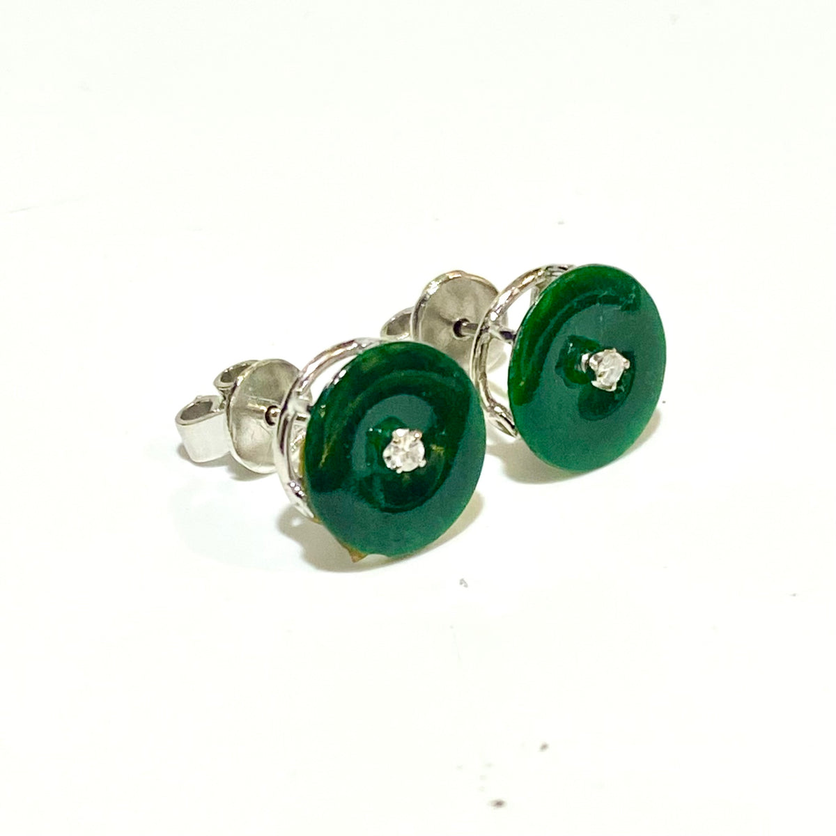 9ct White Gold Jadeite and Diamond Stud Earrings