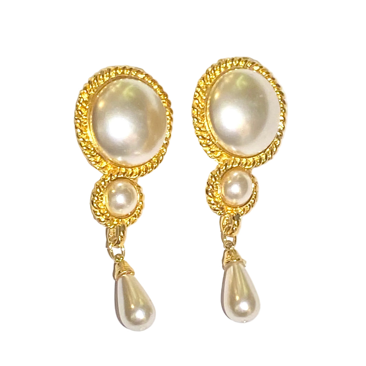 Gold Faux Pearl Costume Clip On Drop Earrings
